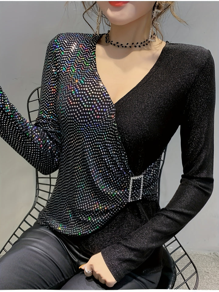 Eliana | Elegante Pailletten V-Hals Top met Gesp