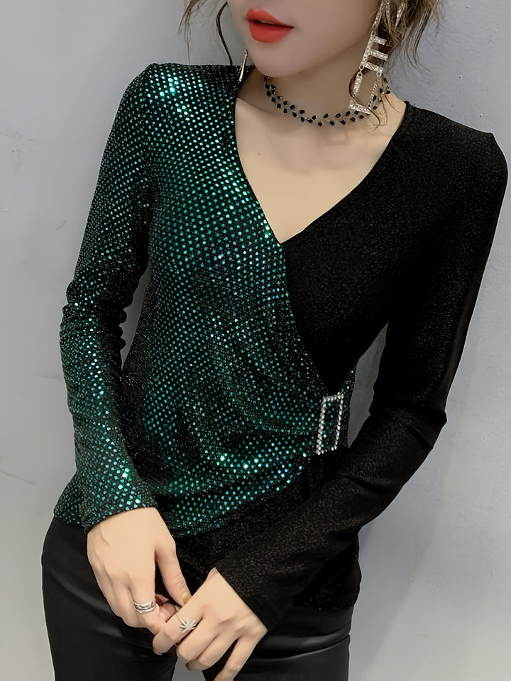 Eliana | Elegante Pailletten V-Hals Top met Gesp