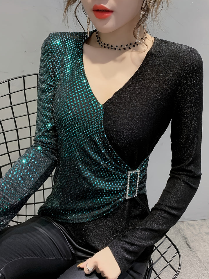 Eliana | Elegante Pailletten V-Hals Top met Gesp