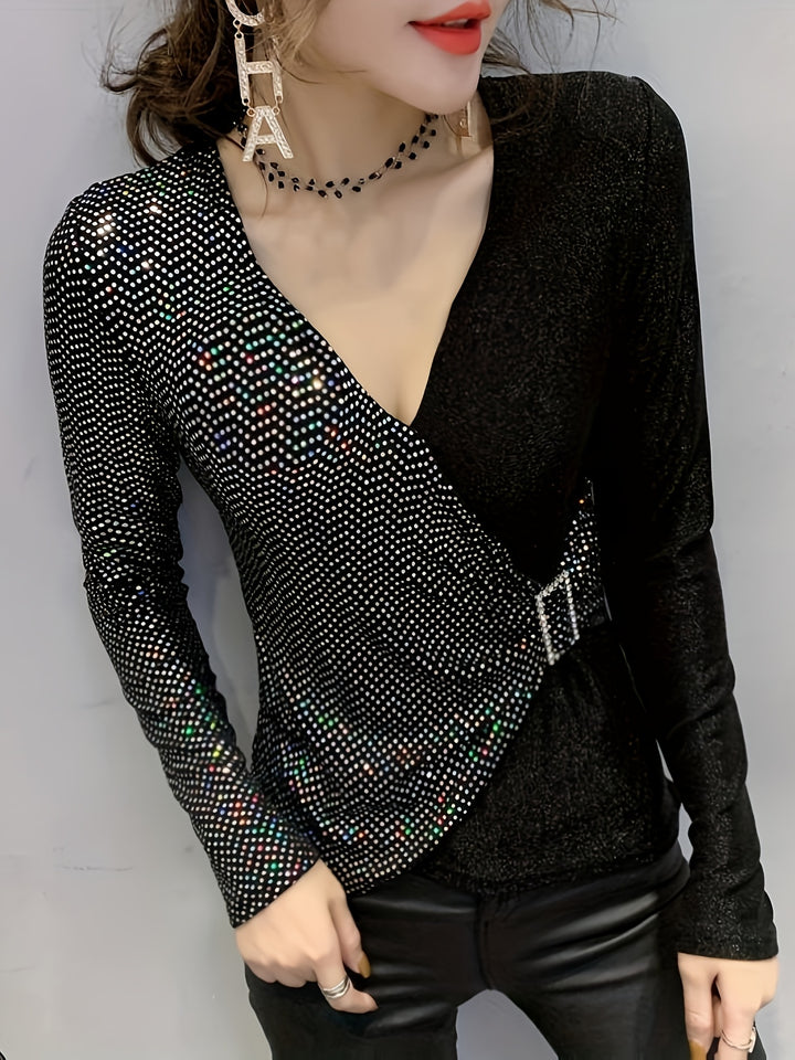 Eliana | Elegante Pailletten V-Hals Top met Gesp