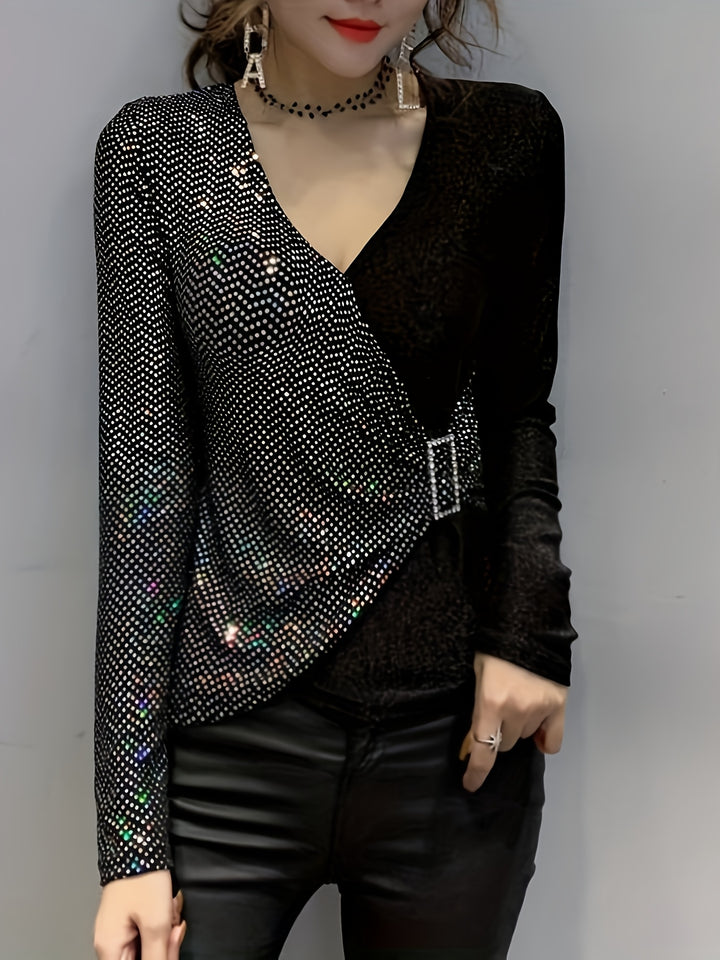 Eliana | Elegante Pailletten V-Hals Top met Gesp