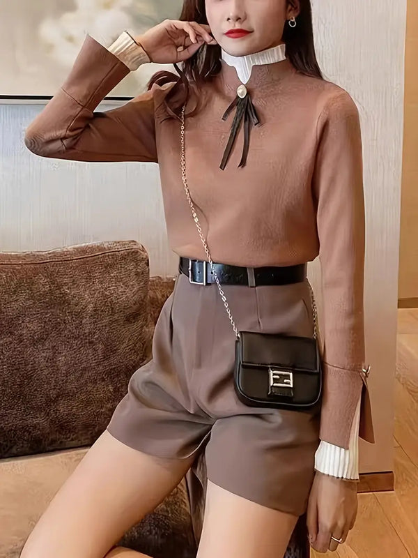 Ella | Elegante Geribbelde Gelaagde Blouse met Strik
