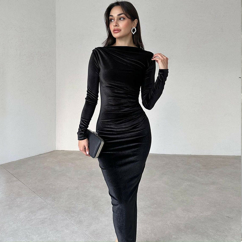 Elliana | Elegante Velours Midi Jurk met Lange Mouwen