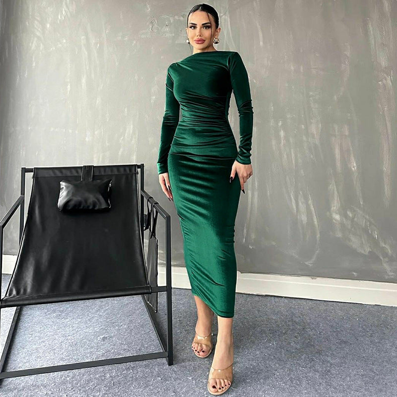 Elliana | Elegante Velours Midi Jurk met Lange Mouwen