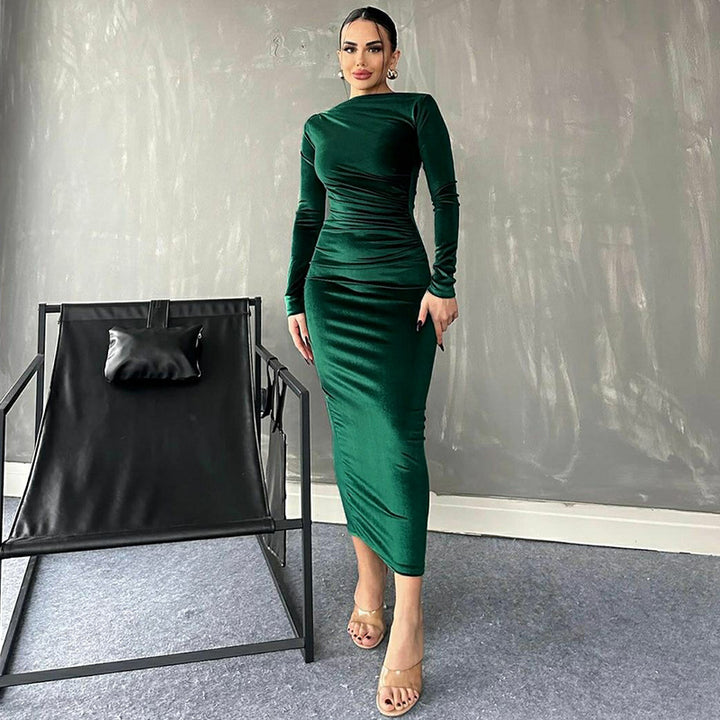 Elliana | Elegante Velours Midi Jurk met Lange Mouwen