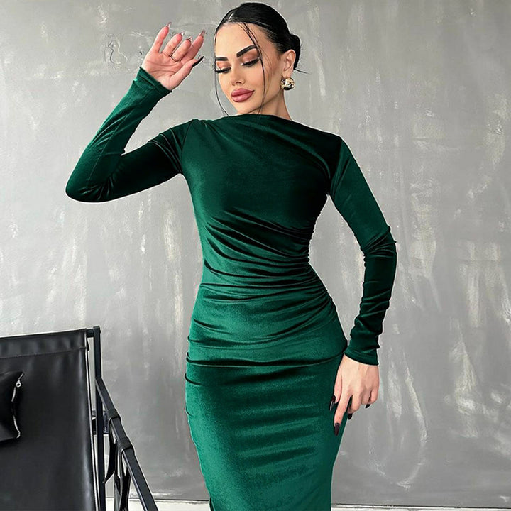 Elliana | Elegante Velours Midi Jurk met Lange Mouwen