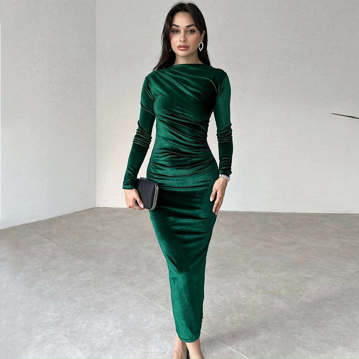 Elliana | Elegante Velours Midi Jurk met Lange Mouwen