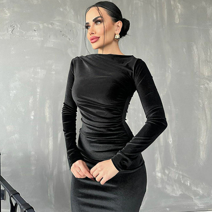 Elliana | Elegante Velours Midi Jurk met Lange Mouwen