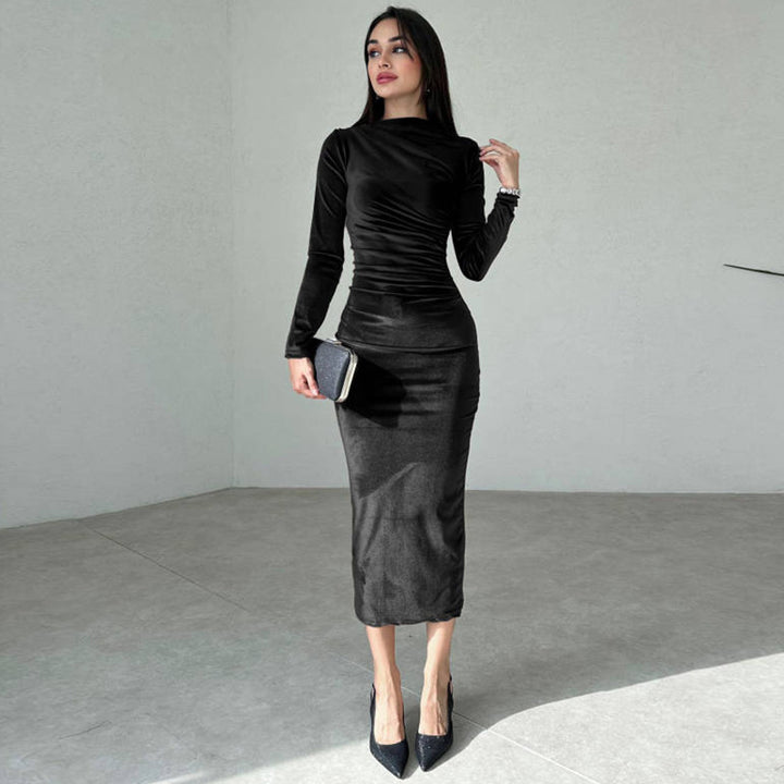 Elliana | Elegante Velours Midi Jurk met Lange Mouwen