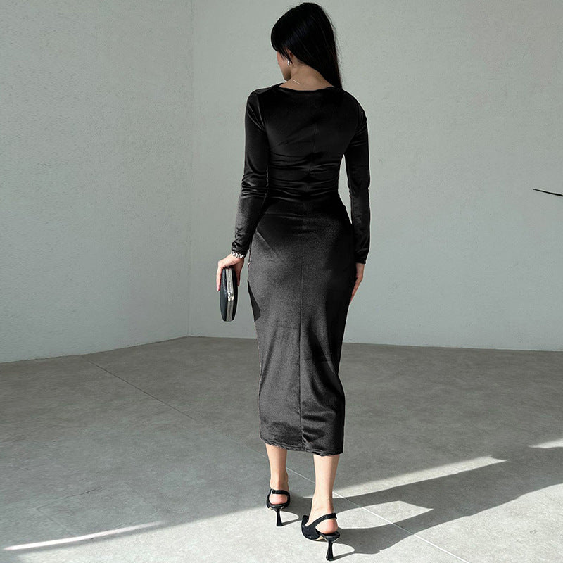 Elliana | Elegante Velours Midi Jurk met Lange Mouwen