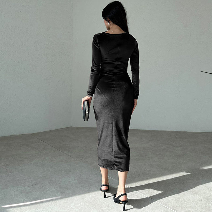 Elliana | Elegante Velours Midi Jurk met Lange Mouwen