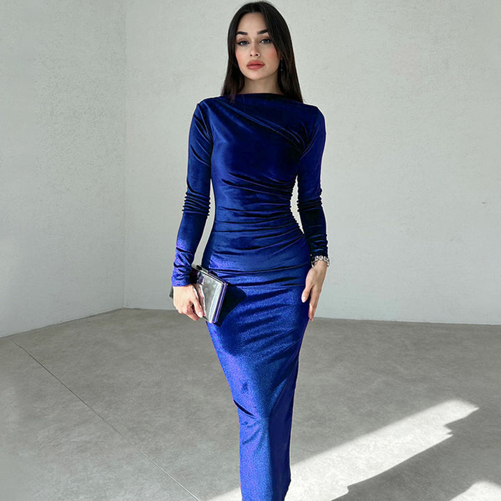 Elliana | Elegante Velours Midi Jurk met Lange Mouwen