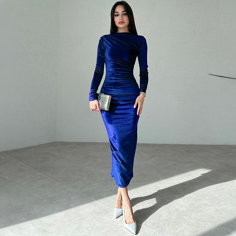 Elliana | Elegante Velours Midi Jurk met Lange Mouwen