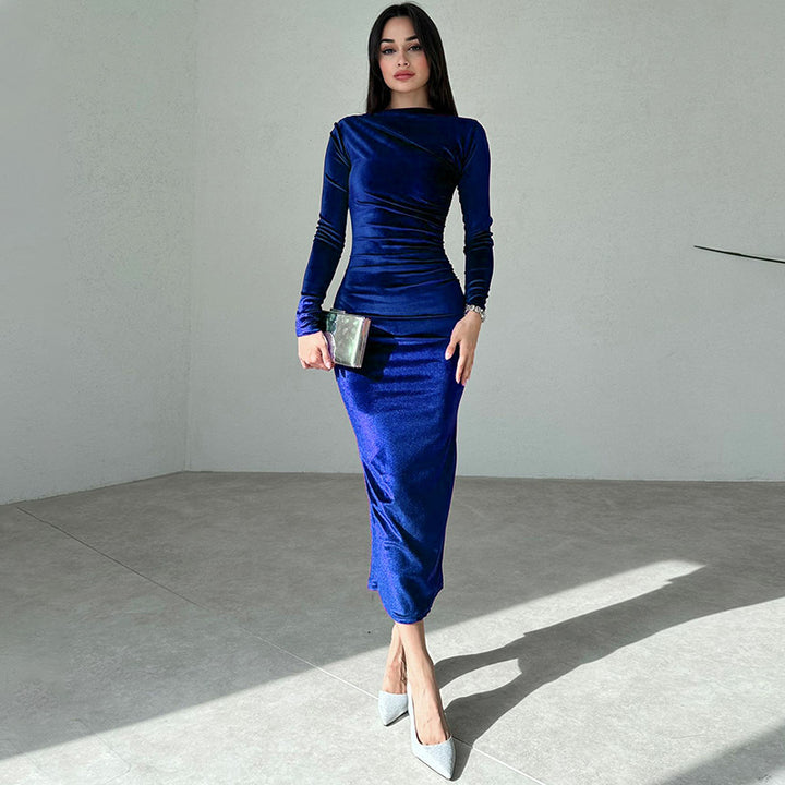 Elliana | Elegante Velours Midi Jurk met Lange Mouwen