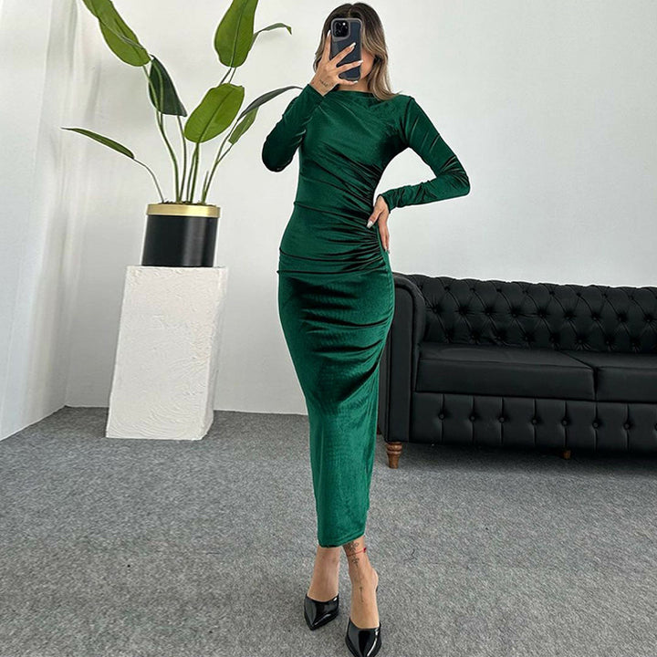 Elliana | Elegante Velours Midi Jurk met Lange Mouwen