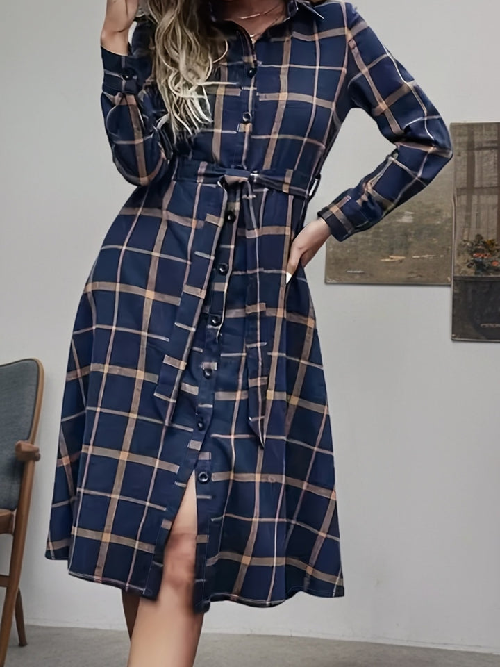 Emilie | Geruite Blousejurk met Ceintuur en Knopen