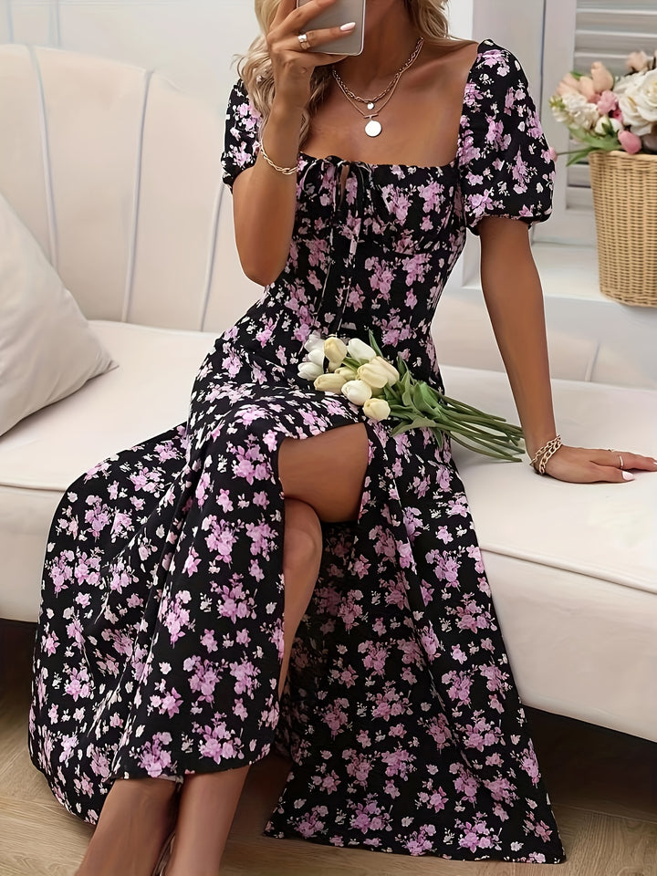 Esmee | Elegante Bloemenjurk met Split en Puff Mouwen – Perfect voor Lente & Zomer