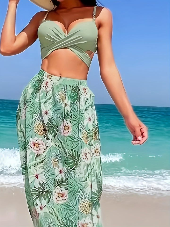 Evelyn | Tropische 3-delige Bikini Set met Hoge Snit Rok