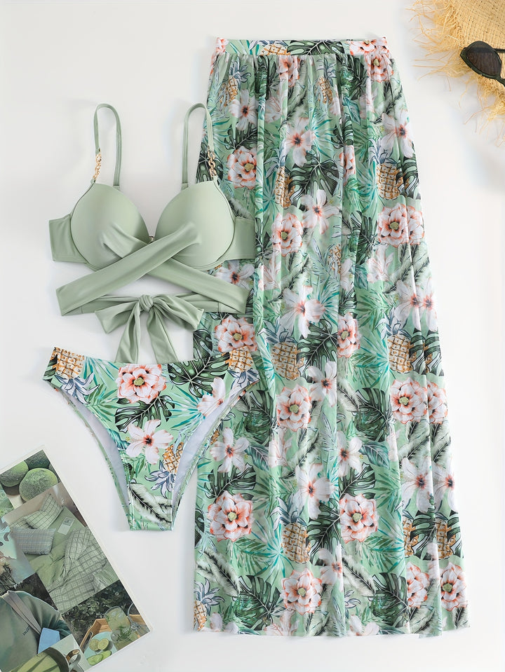 Evelyn | Tropische 3-delige Bikini Set met Hoge Snit Rok