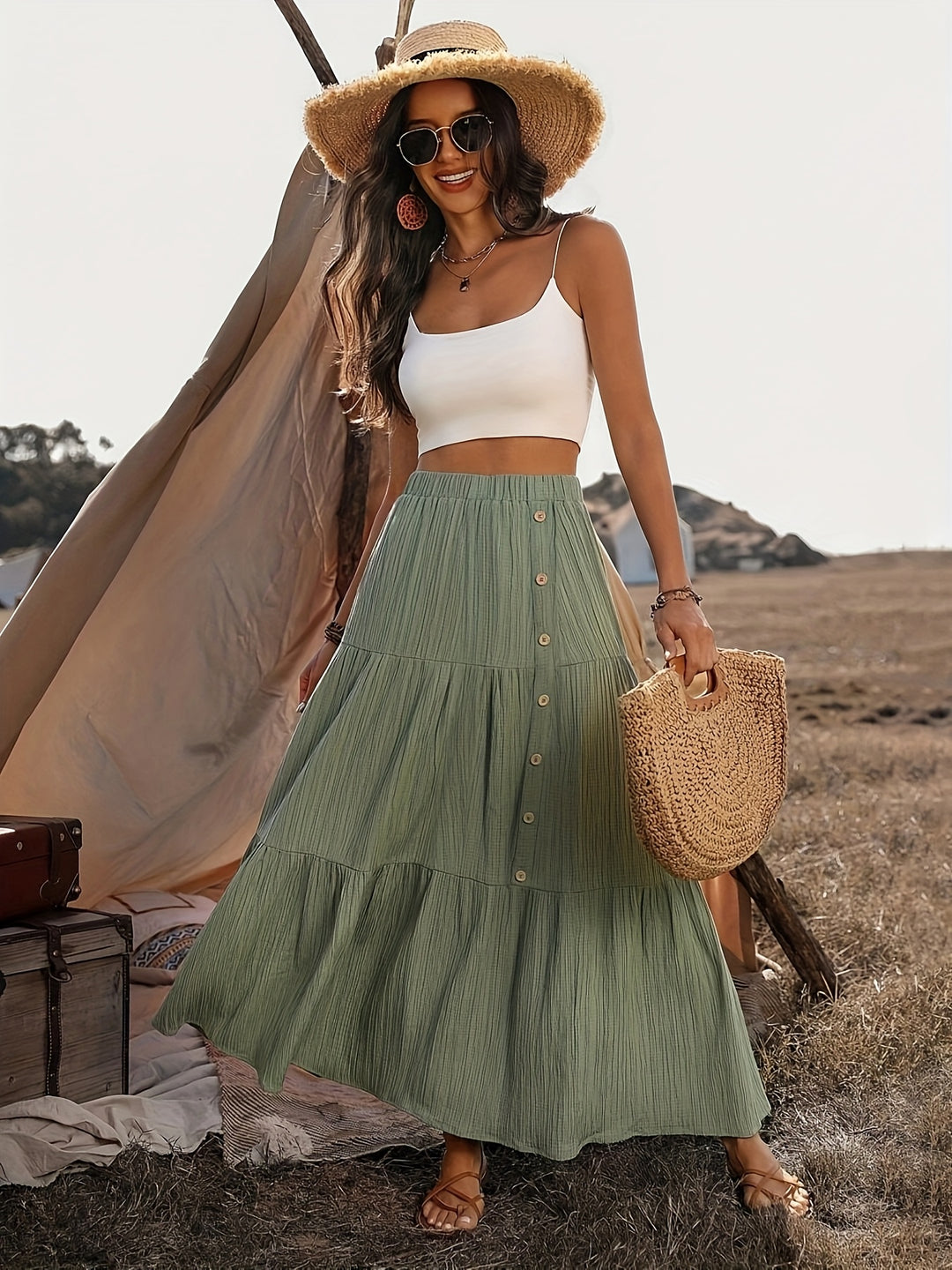 Faye | Elegante Maxi Rok met Knoopdetail voor Zomer & Herfst