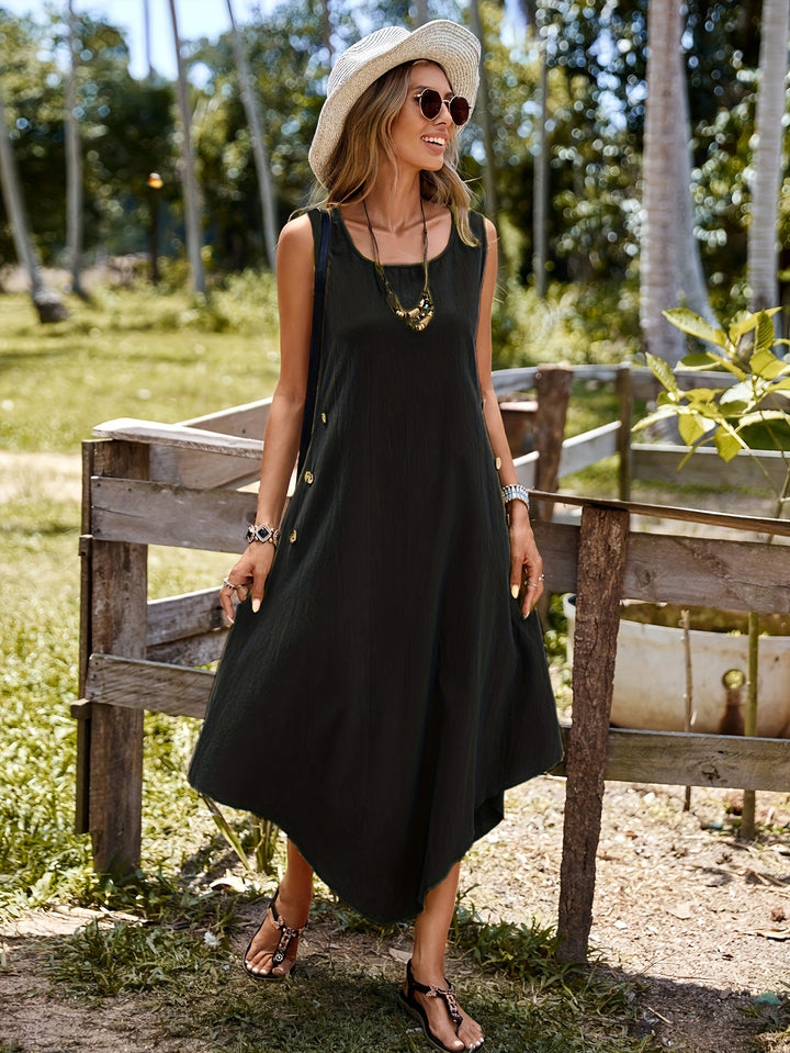 Fiona | Mouwloze Asymmetrische Jurk met Knoopversiering