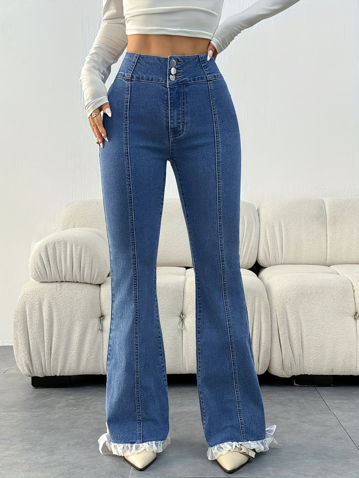 Fleur | Flared Jeans Dames met Hoge Taille en Strikdetails
