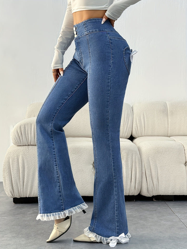 Fleur | Flared Jeans Dames met Hoge Taille en Strikdetails