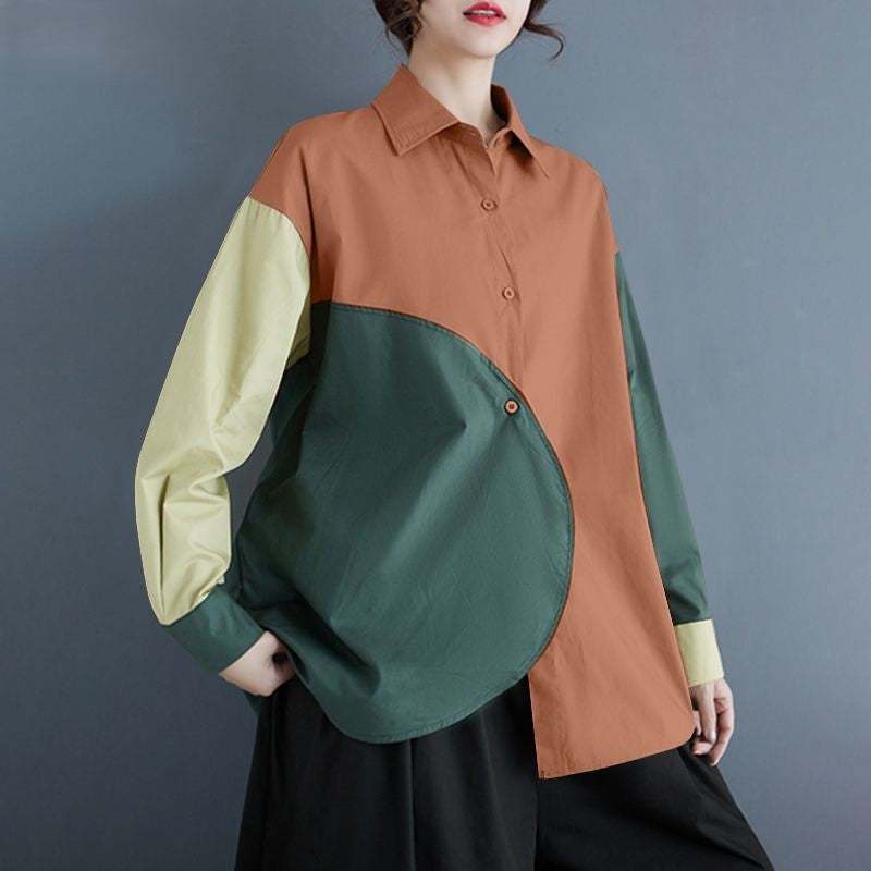 Francien | Asymmetrische Patchwork Blouse met Lange Mouwen
