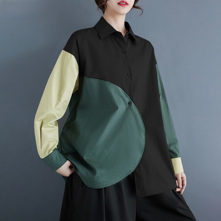 Francien | Asymmetrische Patchwork Blouse met Lange Mouwen
