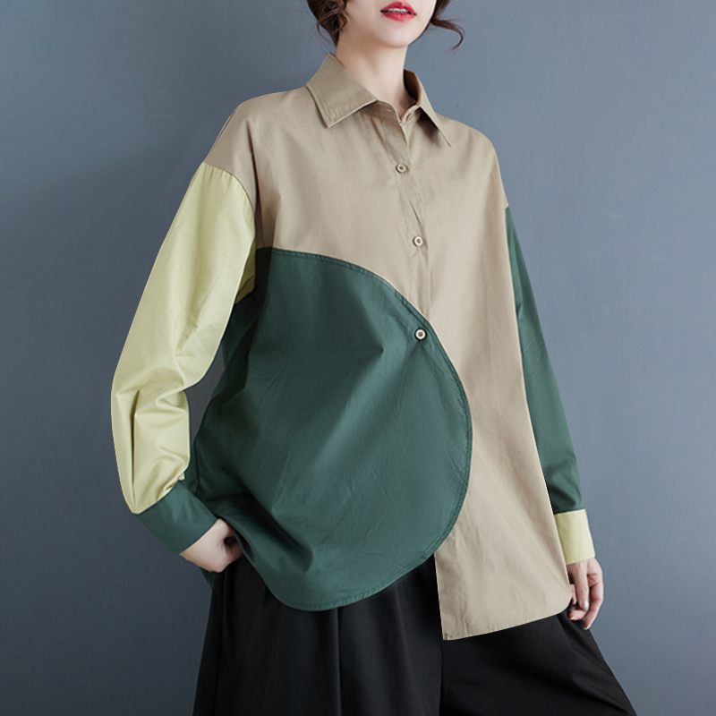 Francien | Asymmetrische Patchwork Blouse met Lange Mouwen