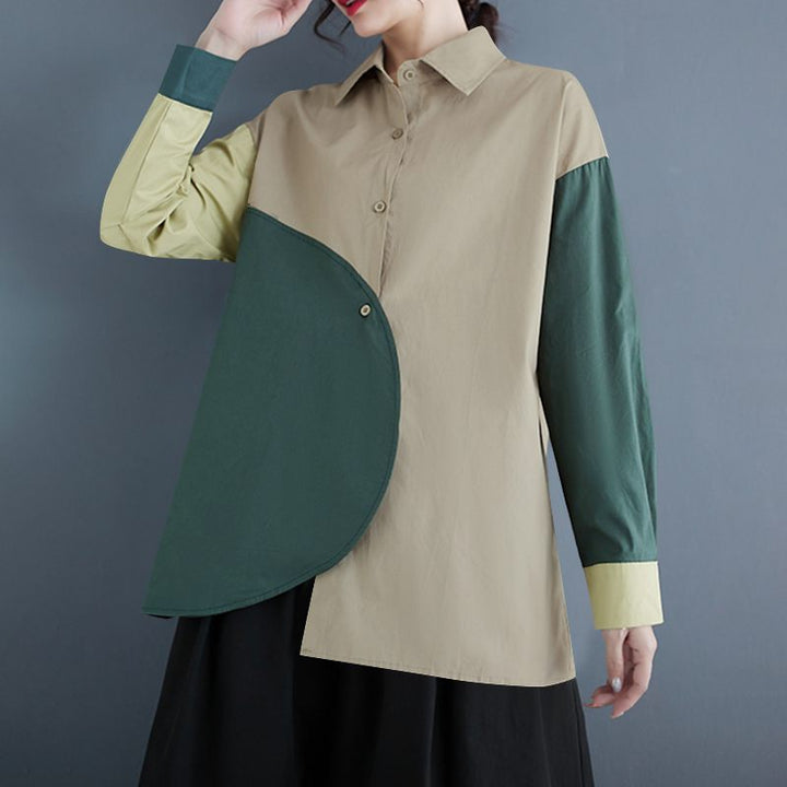 Francien | Asymmetrische Patchwork Blouse met Lange Mouwen
