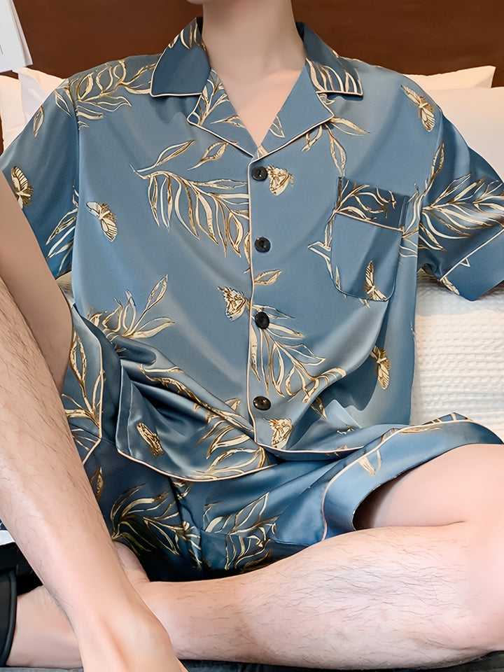 Grant | Heren Zomerse Ijszijde Pyjama Set met Bloemen en Bladeren Print