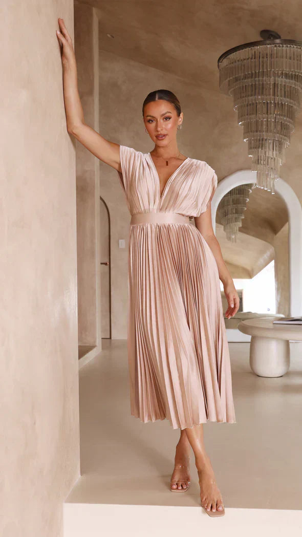 Irene | Elegante Plissé Midi Jurk met Open Rug voor Dames