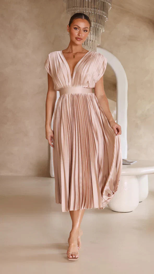 Irene | Elegante Plissé Midi Jurk met Open Rug voor Dames