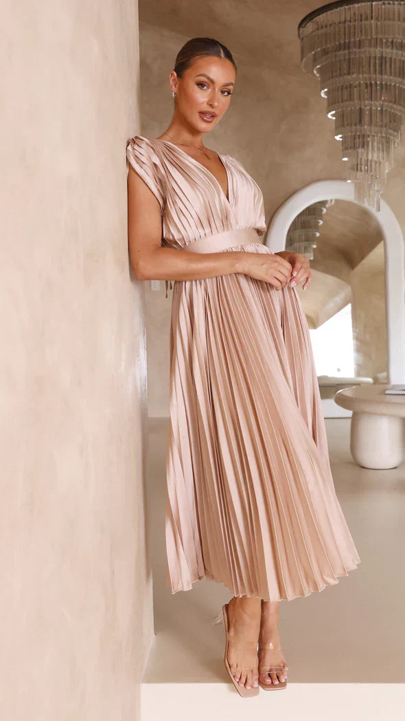 Irene | Elegante Plissé Midi Jurk met Open Rug voor Dames