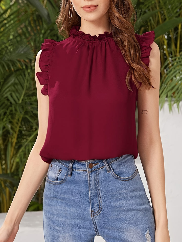 Jaja | Elegante Mouwloze Blouse met Ruches en Opstaande Kraag
