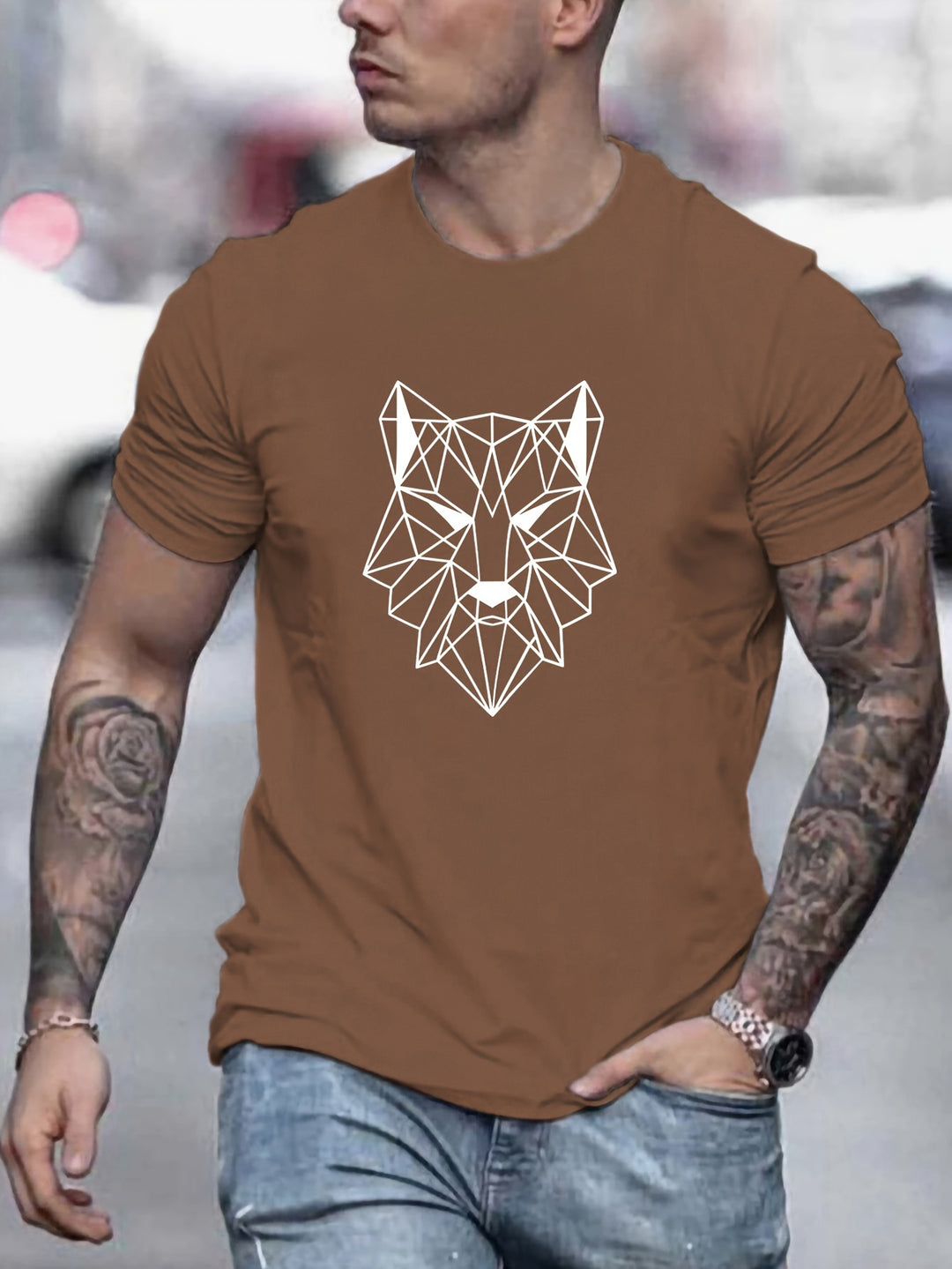 Jason | T-shirt met geometrische wolvenprint voor heren