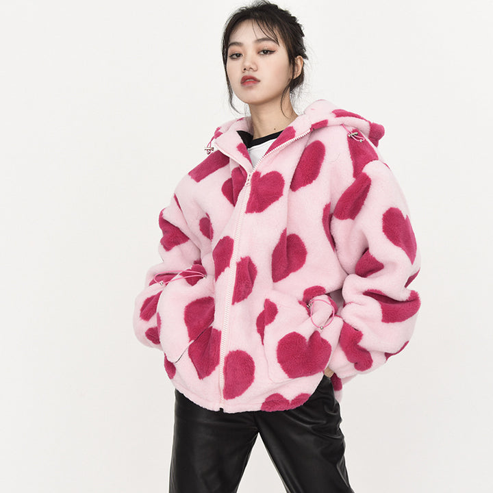 Joy | Trendy Hartjes Print Jas met Capuchon voor Vrouwen