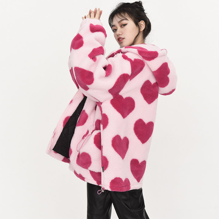Joy | Trendy Hartjes Print Jas met Capuchon voor Vrouwen