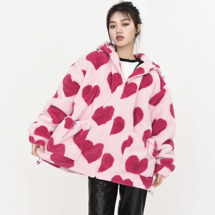 Joy | Trendy Hartjes Print Jas met Capuchon voor Vrouwen