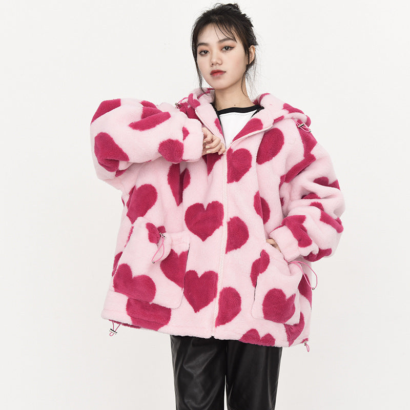 Joy | Trendy Hartjes Print Jas met Capuchon voor Vrouwen