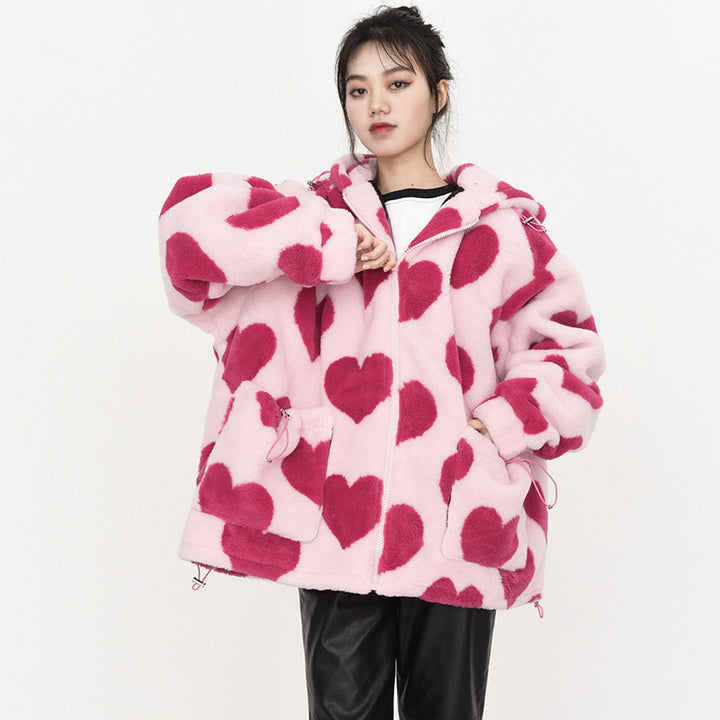 Joy | Trendy Hartjes Print Jas met Capuchon voor Vrouwen