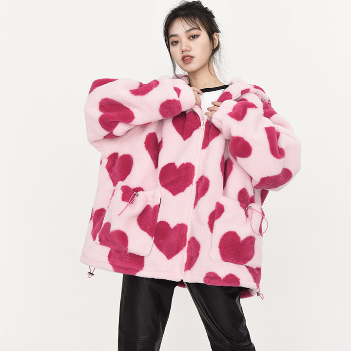 Joy | Trendy Hartjes Print Jas met Capuchon voor Vrouwen