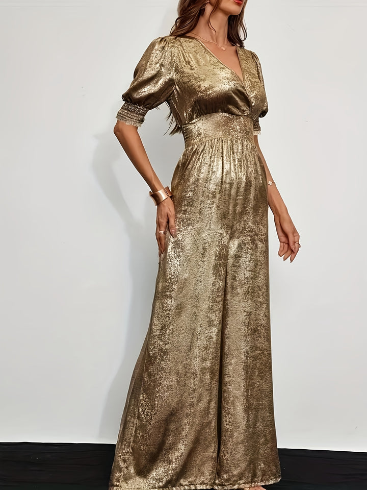 Julie | Gouden Glans Jumpsuit met Elegante Pofmouwen en V-Hals