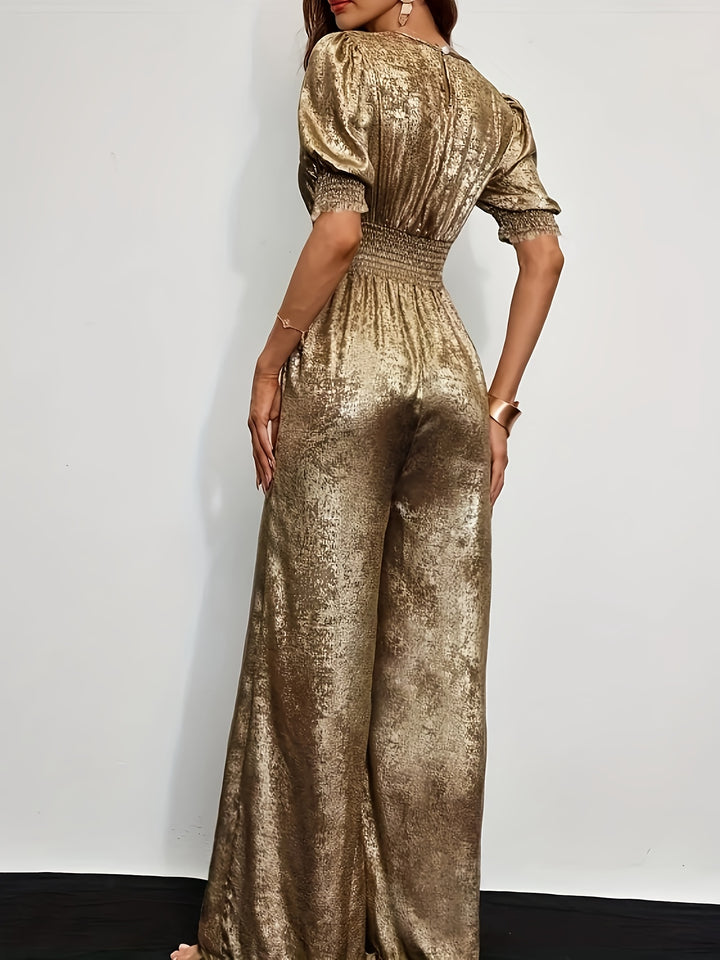 Julie | Gouden Glans Jumpsuit met Elegante Pofmouwen en V-Hals