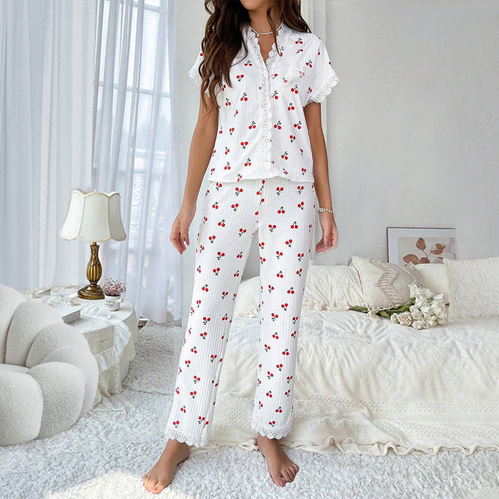 Kali | Schattige Kersenprint Pyjama met Korte Mouwen en Broek