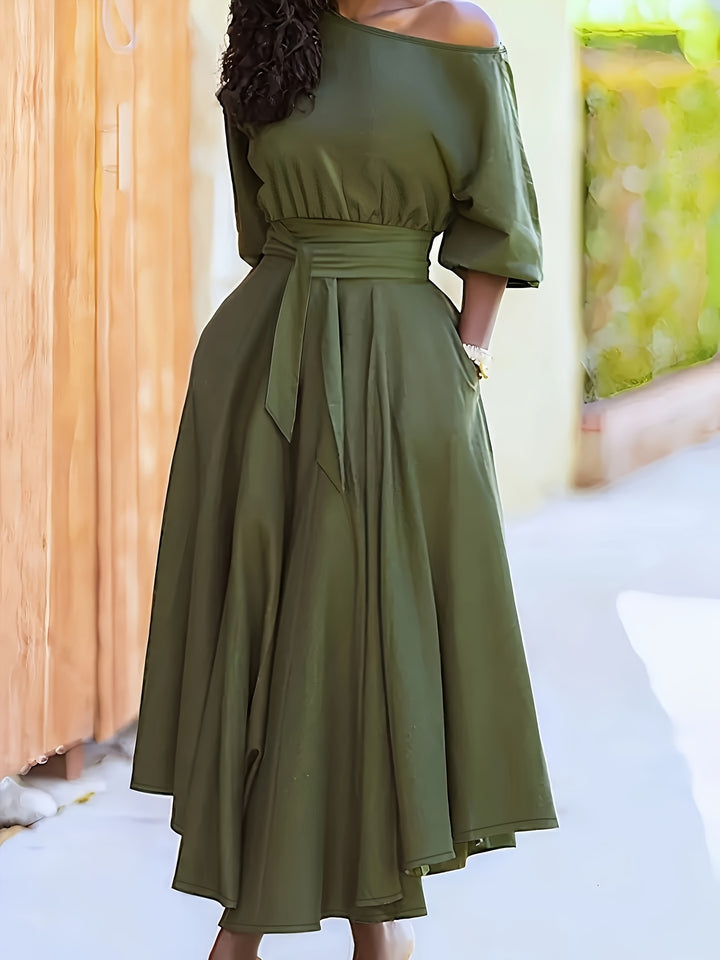 Katelyn | Off-Shoulder Midi Jurk met Ceintuur en Asymmetrische Zoom