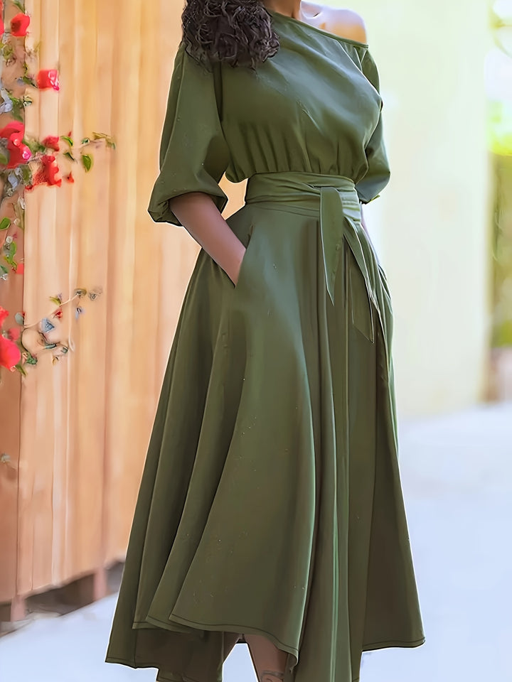 Katelyn | Off-Shoulder Midi Jurk met Ceintuur en Asymmetrische Zoom