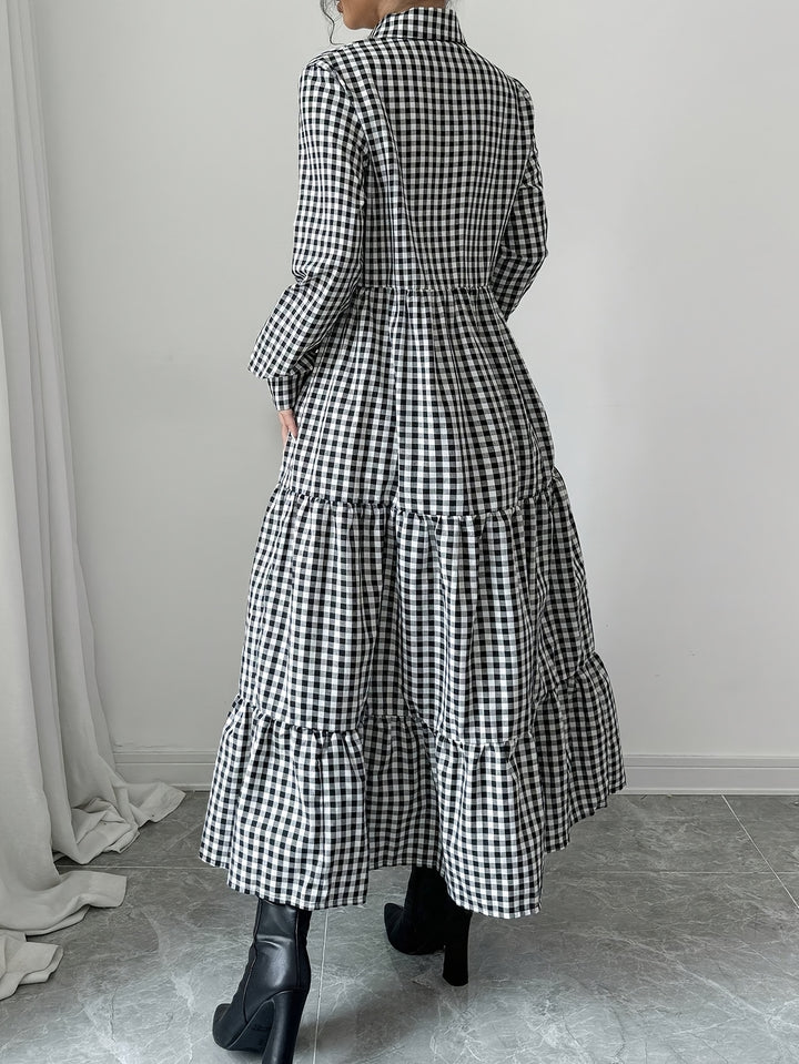 Kristina | Elegante Geruite Maxi Blousejurk met Knoopsluiting