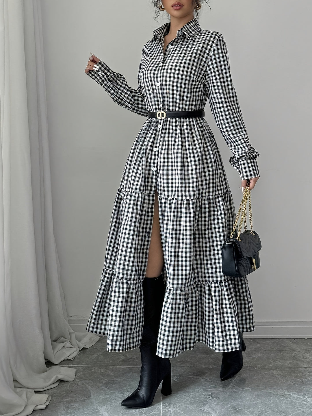 Kristina | Elegante Geruite Maxi Blousejurk met Knoopsluiting